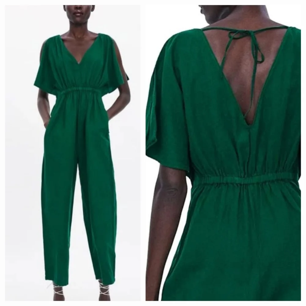 Zara Green Jumpsuit XS Rustic Linen Blend Wide Leg V-Neck Tie Back Short Sleeve